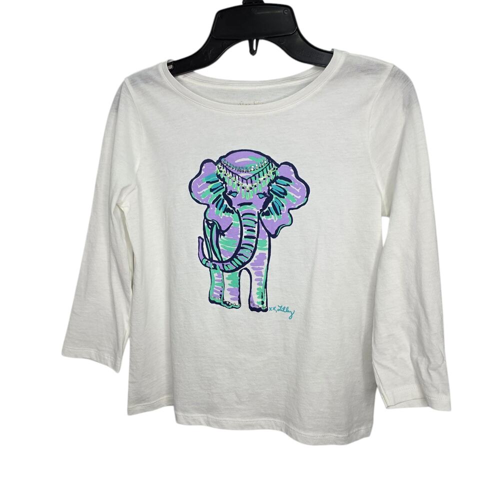 Lilly Pulitzer Girls Elephant Rhinestone Shirt White Long Sleeve Cotton Size L